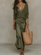 Effortless Ivory Knit & Satin Slip Dress Set