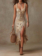 Bohemian Ruffle Strap Floral Print Slit Midi Dress In Cream