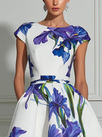Elegant Iris Floral A-Line Midi Dress