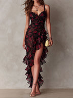 Boho Chic Black And Red Floral Ruched Lace-Trim Ruffle Hem Dress