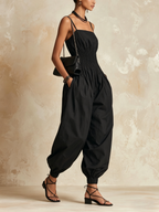 Black Smocked Waist Balloon Jumpsuit | Breezy Wide-Leg Parachute Jumpsuit