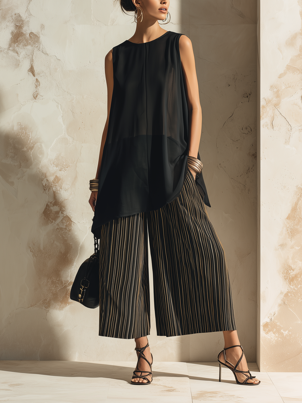 Flowy Chiffon Top & Striped Wide-Leg Pants Set