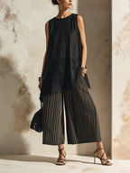 Flowy Chiffon Top & Striped Wide-Leg Pants Set