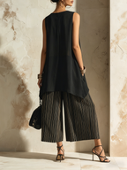 Flowy Chiffon Top & Striped Wide-Leg Pants Set