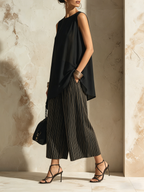 Flowy Chiffon Top & Striped Wide-Leg Pants Set