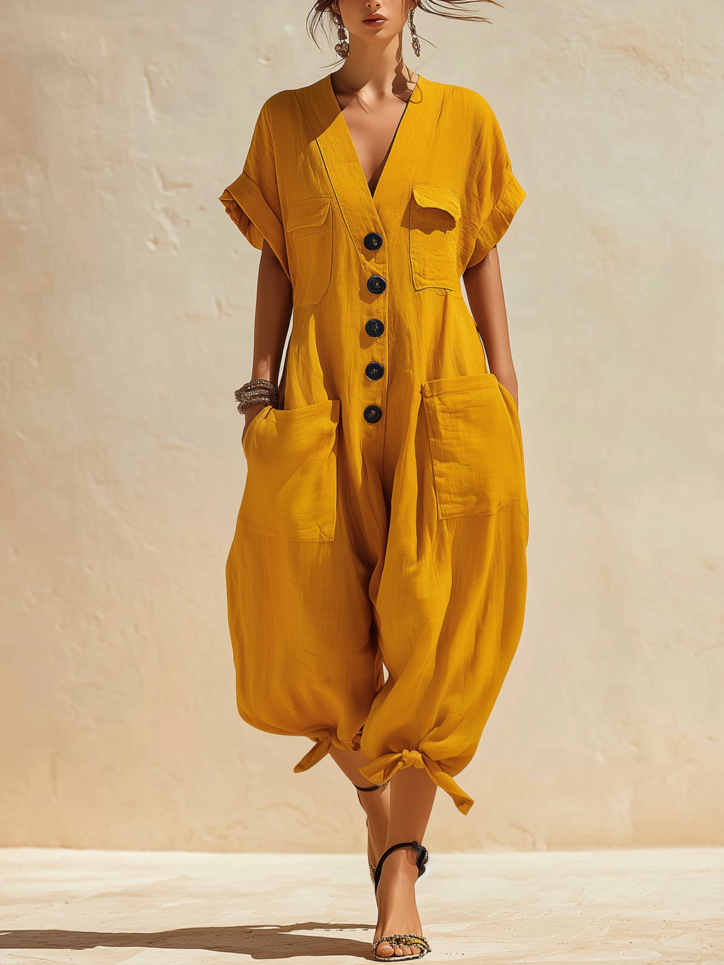 Linen-Blend Yellow Jumpsuit | Button-Front Harem Pants With Pockets