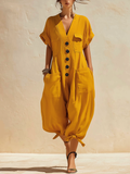 Linen-Blend Yellow Jumpsuit | Button-Front Harem Pants With Pockets