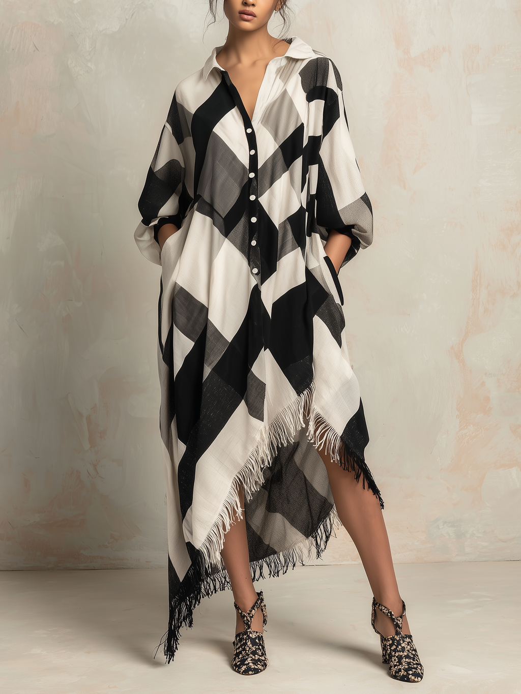 Oversized Geometric Print Fringe Shirt Dress