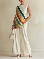 Pleated Diagonal Rainbow Stripe Sleeveless Top & Wide-Leg Pants Set