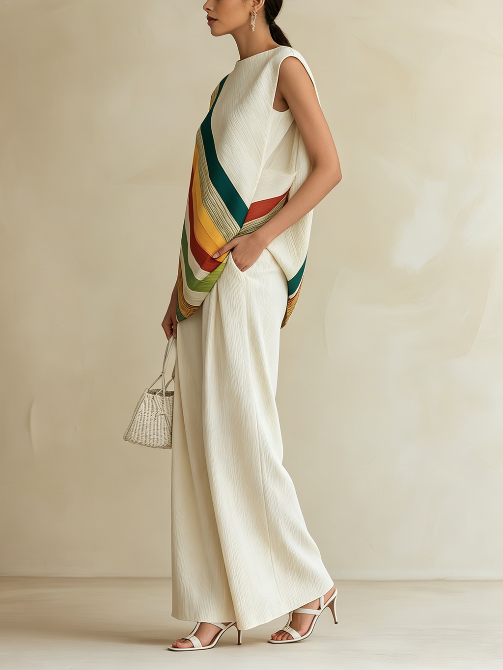 Pleated Diagonal Rainbow Stripe Sleeveless Top & Wide-Leg Pants Set