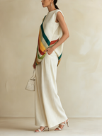 Pleated Diagonal Rainbow Stripe Sleeveless Top & Wide-Leg Pants Set