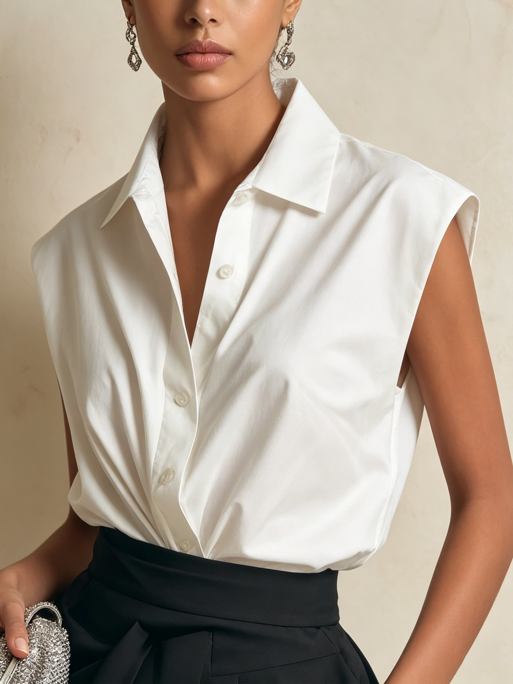 White Sleeveless Shirt & Draped High-Waisted Black Maxi Skirt Set