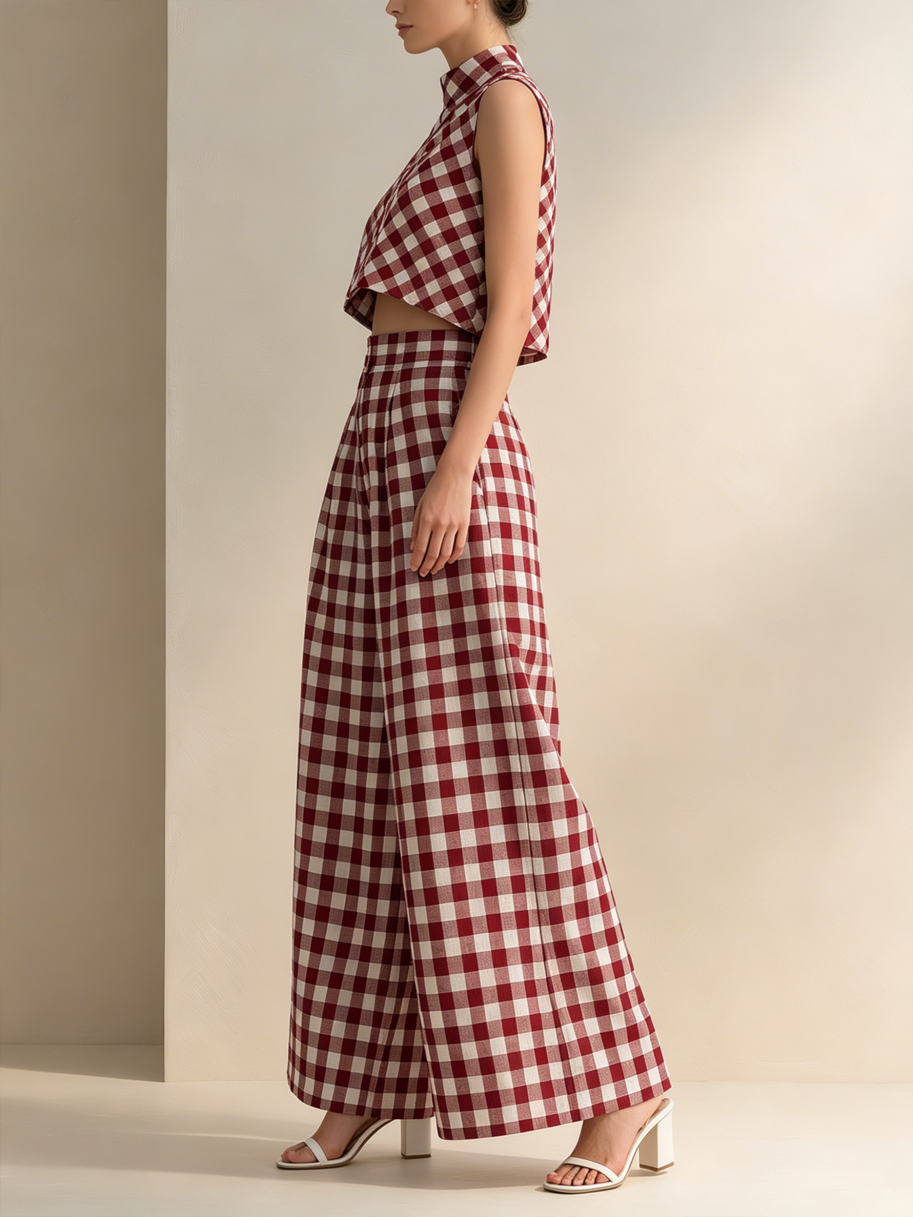 Red Gingham Sleeveless Crop Top & High-Waisted Wide-Leg Pants Set