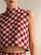 Red Gingham Sleeveless Crop Top & High-Waisted Wide-Leg Pants Set