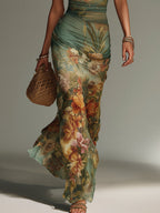 Retro Oil Painting Floral Print Slim-Fit Mesh Maxi Dress