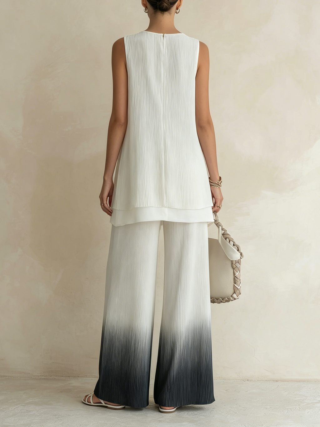 Pleated Sleeveless Tunic & Gradient Wide-Leg Pants Set | Flowy, Wrinkle-Resistant Co-Ord Set For Effortless Elegance