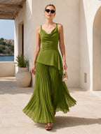 Olive Cowl-Neck Asymmetric Hem Top & Pleated Maxi Skirt Set