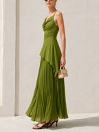 Olive Cowl-Neck Asymmetric Hem Top & Pleated Maxi Skirt Set