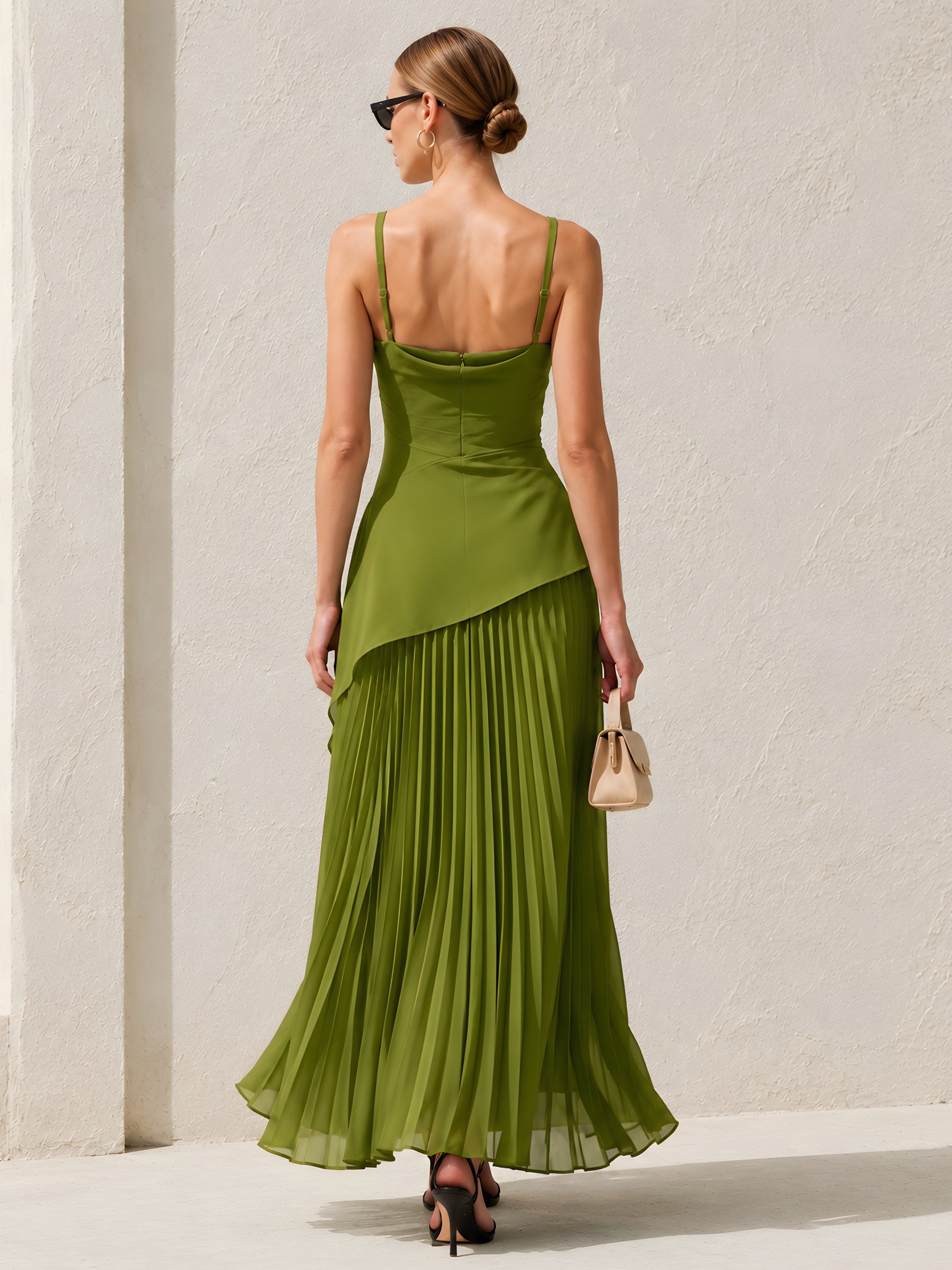 Olive Cowl-Neck Asymmetric Hem Top & Pleated Maxi Skirt Set