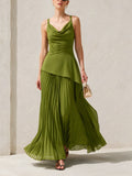 Olive Cowl-Neck Asymmetric Hem Top & Pleated Maxi Skirt Set