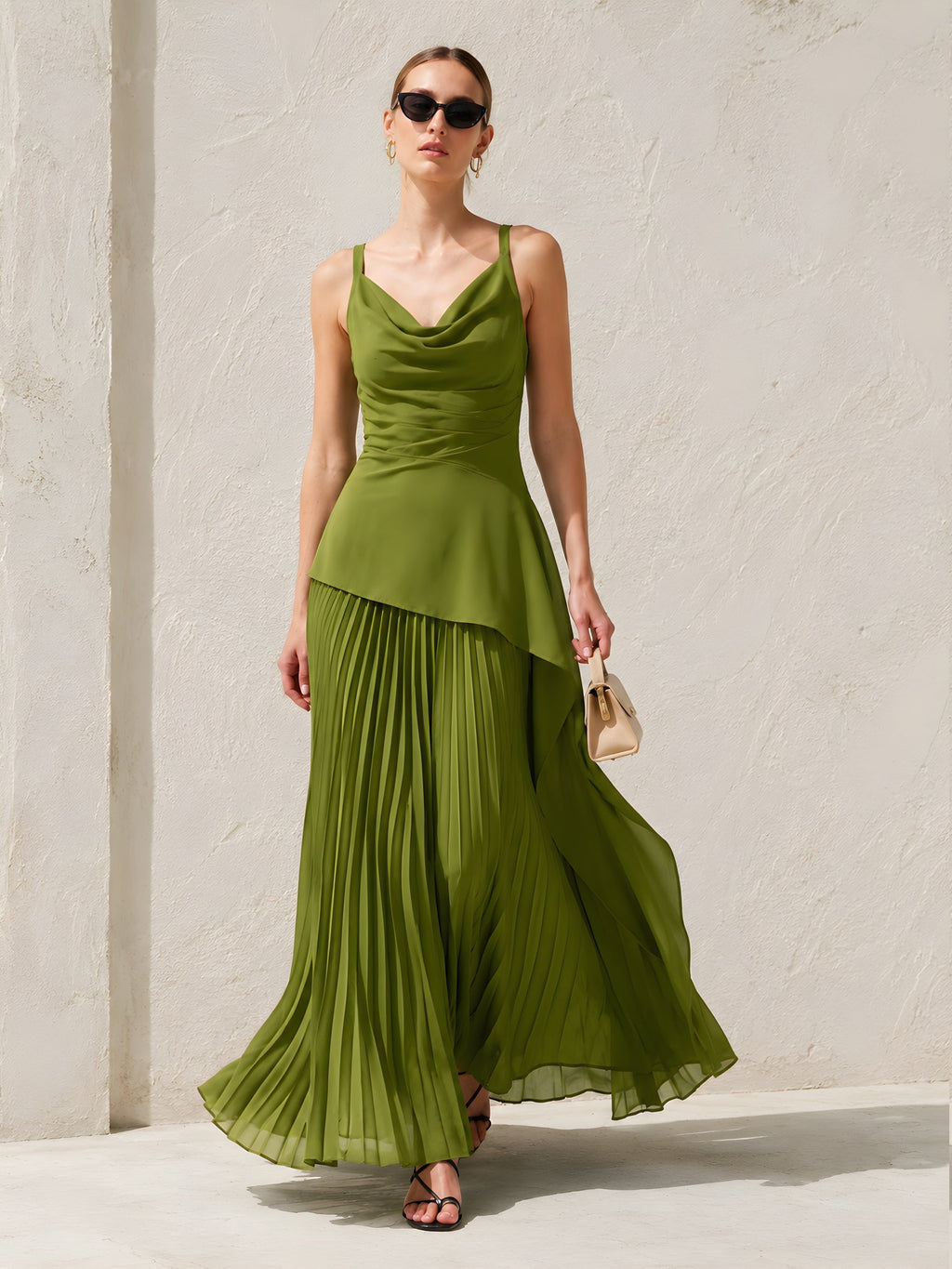 Olive Cowl-Neck Asymmetric Hem Top & Pleated Maxi Skirt Set