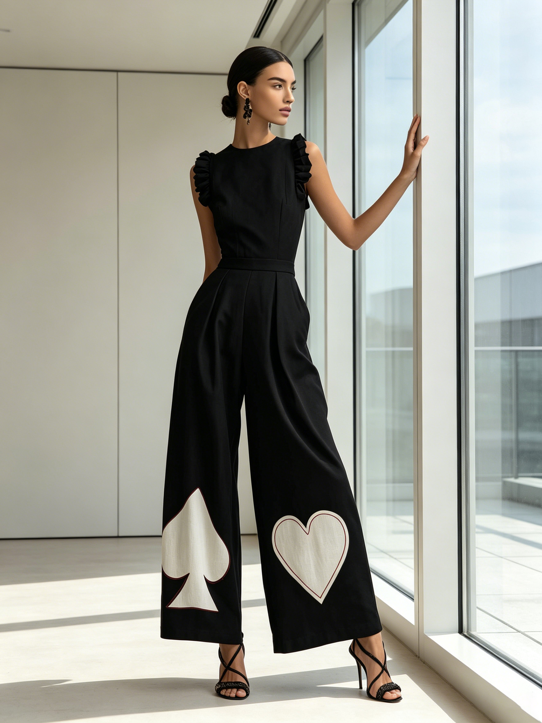 Ruffled Sleeve Playing Card Motif Wide-Leg Jumpsuit