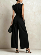 Ruffled Sleeve Playing Card Motif Wide-Leg Jumpsuit