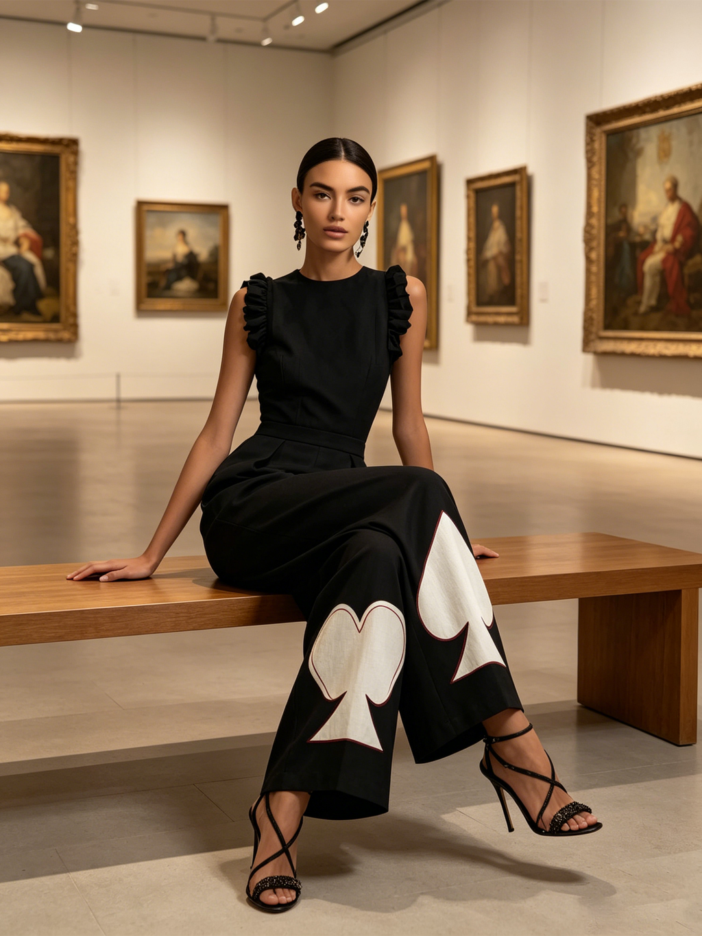 Ruffled Sleeve Playing Card Motif Wide-Leg Jumpsuit