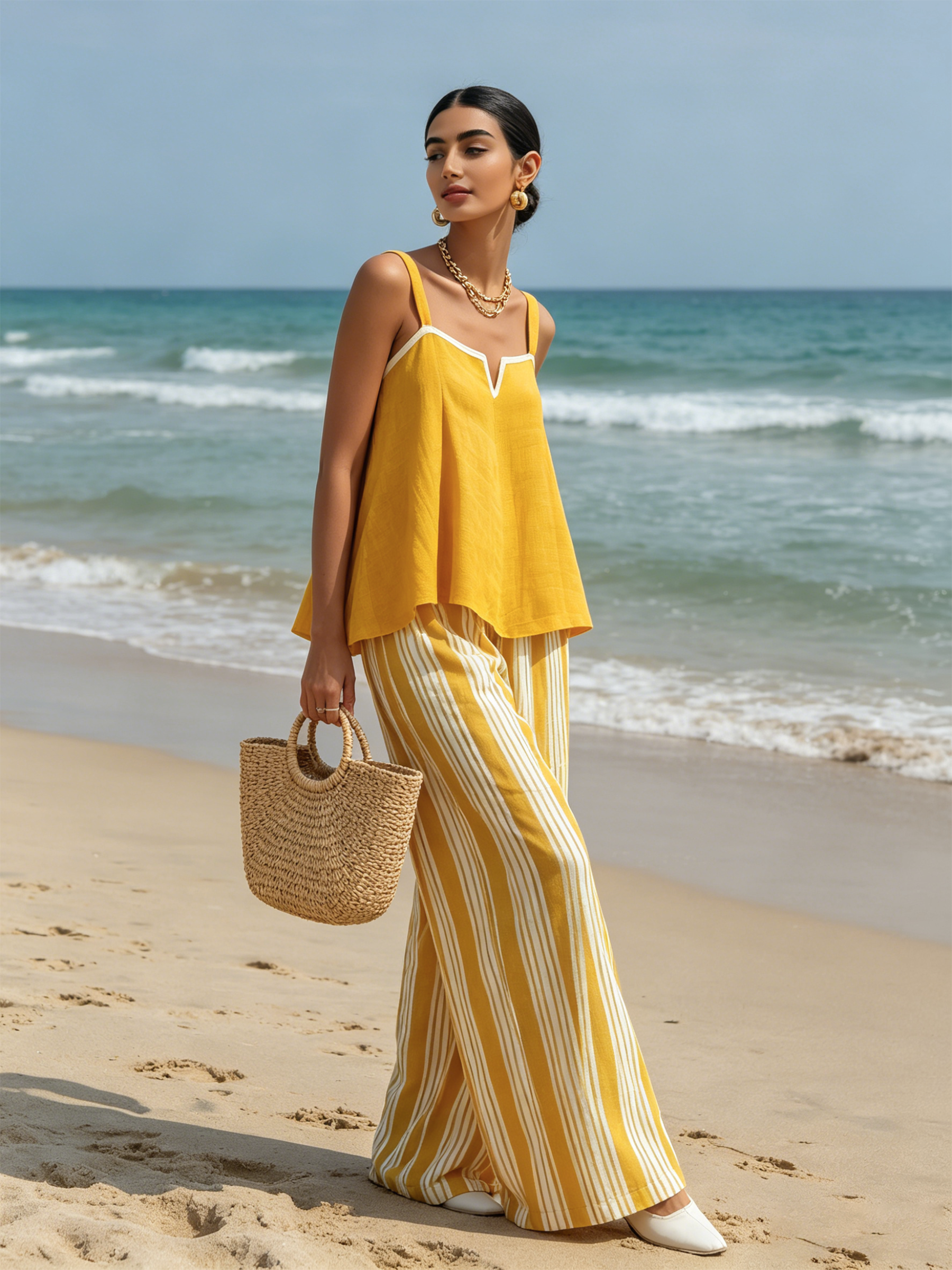 Yellow Linen-Blend Cami Top & Striped Wide-Leg Pants Two-Piece Set