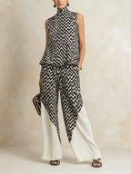 Black & White Chevron Print High-Neck Top & Pleated Wide-Leg Pants Set