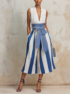 Striped Wide-Leg Culotte Jumpsuit With Bow Waist | Sleeveless V-Neck Jumpsuit