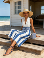 Striped Wide-Leg Culotte Jumpsuit With Bow Waist | Sleeveless V-Neck Jumpsuit