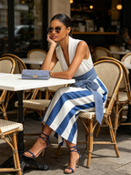 Striped Wide-Leg Culotte Jumpsuit With Bow Waist | Sleeveless V-Neck Jumpsuit