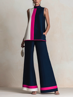 Color Block High-Neck Sleeveless Top & Wide-Leg Pants Set