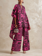 Bold Geometric Print Flowy Kaftan Top & Wide-Leg Pants Set