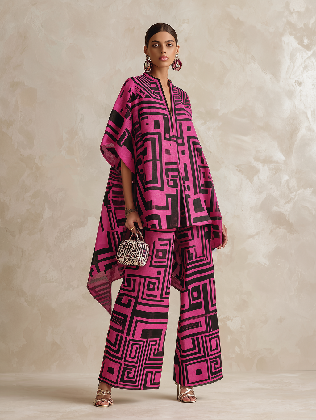 Bold Geometric Print Flowy Kaftan Top & Wide-Leg Pants Set