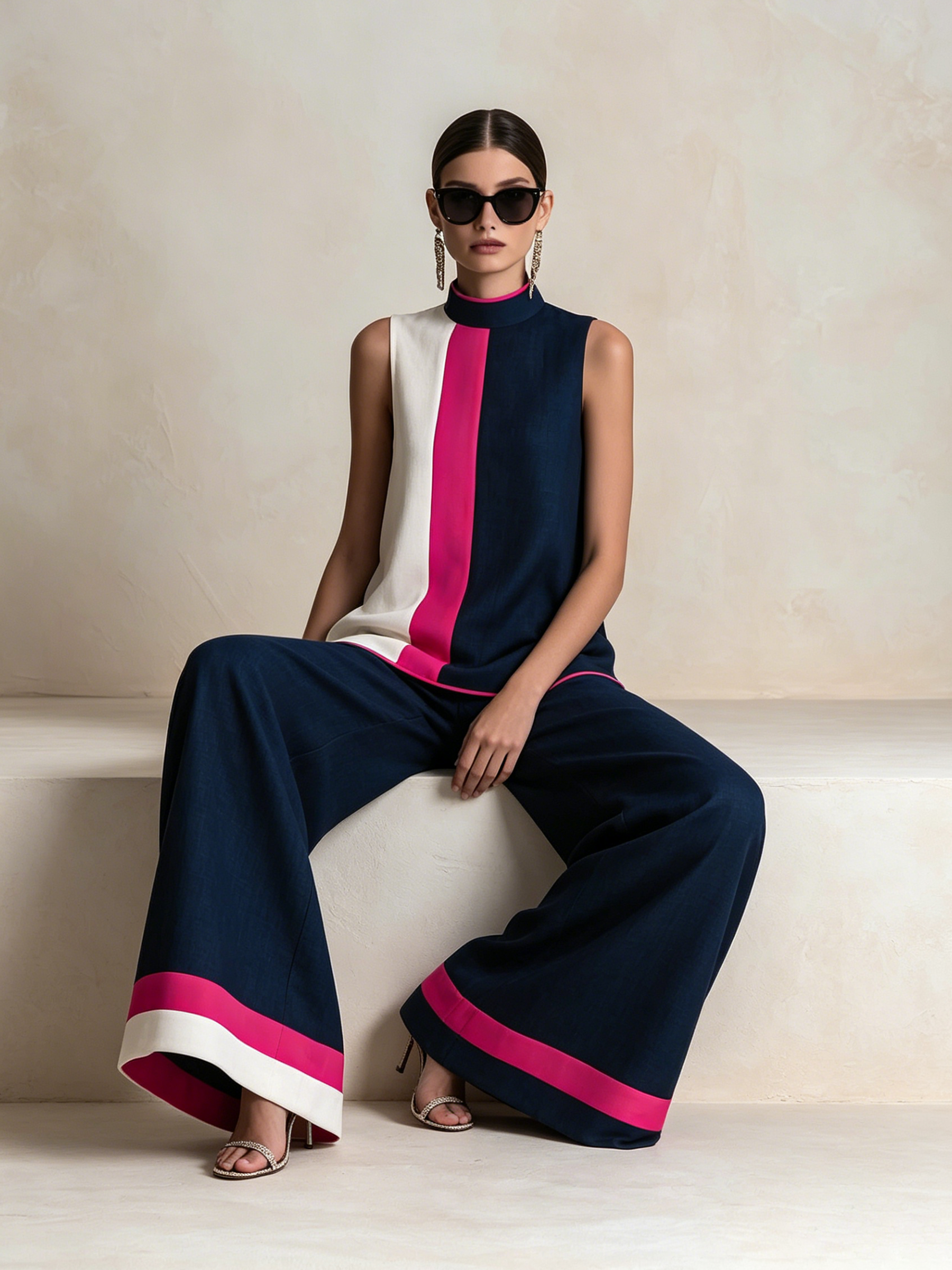 Color Block High-Neck Sleeveless Top & Wide-Leg Pants Set