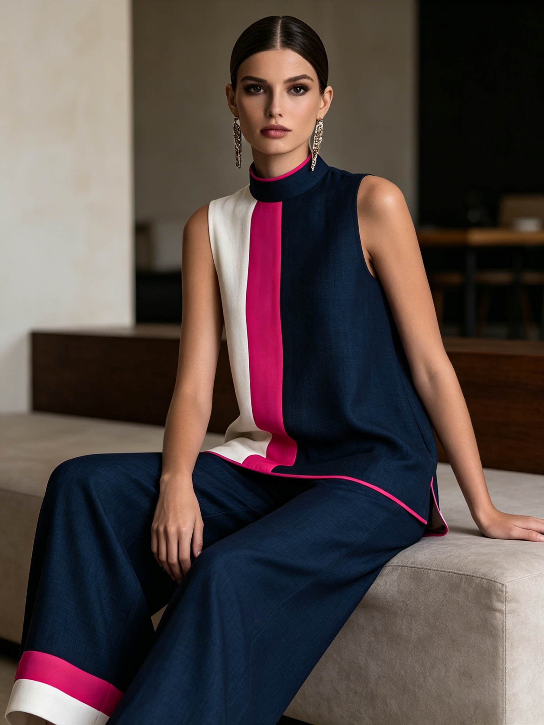 Color Block High-Neck Sleeveless Top & Wide-Leg Pants Set