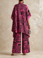 Bold Geometric Print Flowy Kaftan Top & Wide-Leg Pants Set