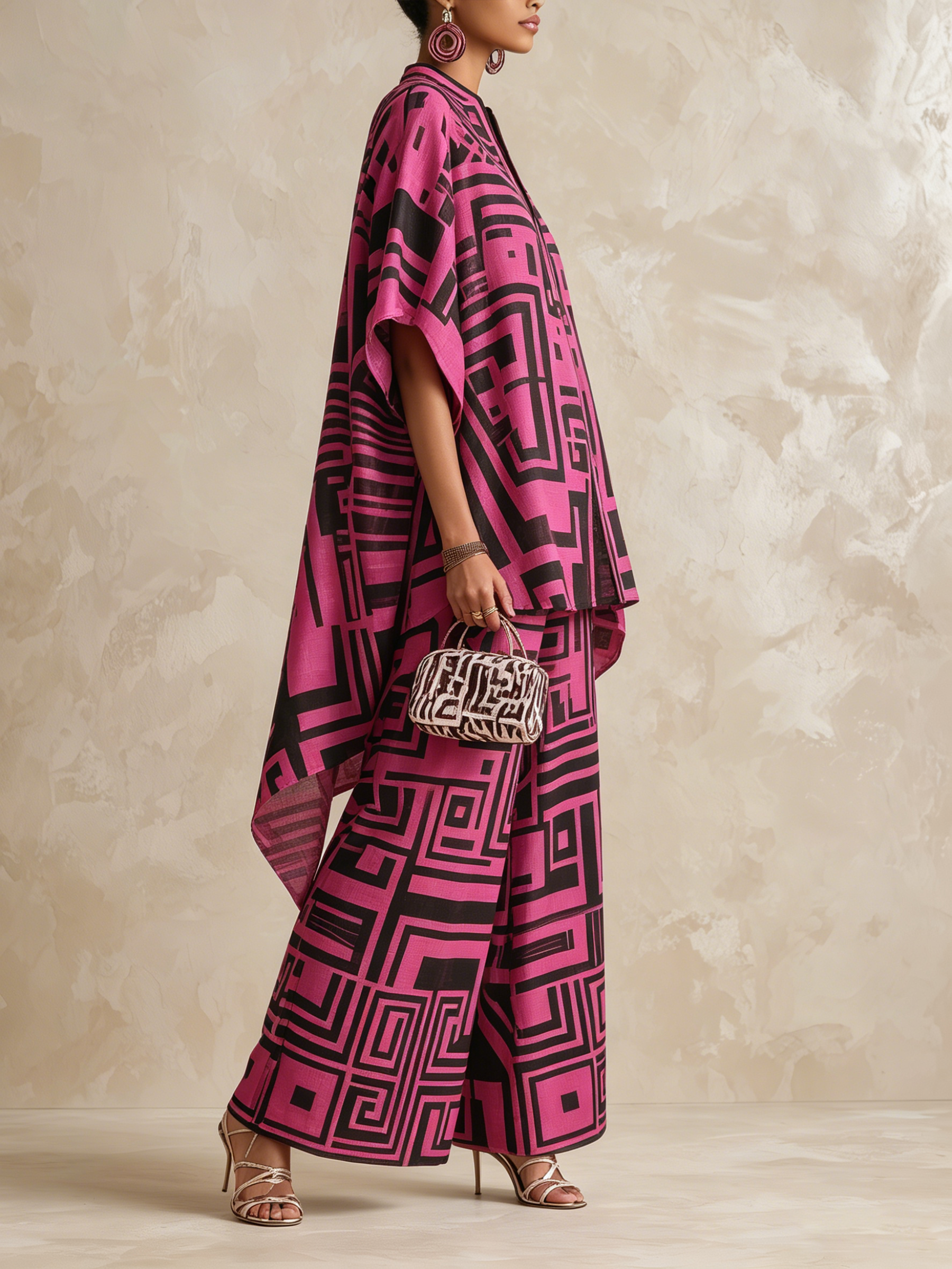 Bold Geometric Print Flowy Kaftan Top & Wide-Leg Pants Set