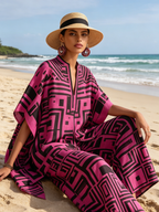 Bold Geometric Print Flowy Kaftan Top & Wide-Leg Pants Set