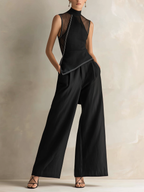 Sheer Mesh Mock Neck Top & Tailored Wide-Leg Pants Set