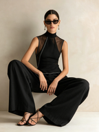 Sheer Mesh Mock Neck Top & Tailored Wide-Leg Pants Set