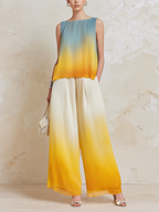 Sunset Ombré Pleated Sleeveless Two-Piece Wide-Leg Set