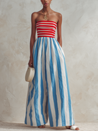 Red & White Striped Strapless Top With Blue & White Striped Wide-Leg Jumpsuit