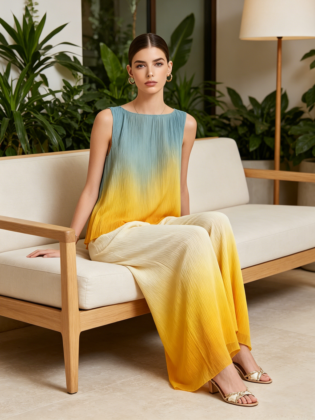 Sunset Ombré Pleated Sleeveless Two-Piece Wide-Leg Set