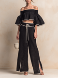 Black Linen-Blend Off-Shoulder Two-Piece Set With Contrast Trim