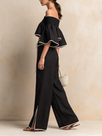 Black Linen-Blend Off-Shoulder Two-Piece Set With Contrast Trim