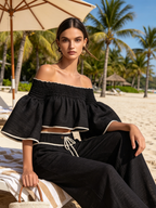 Black Linen-Blend Off-Shoulder Two-Piece Set With Contrast Trim