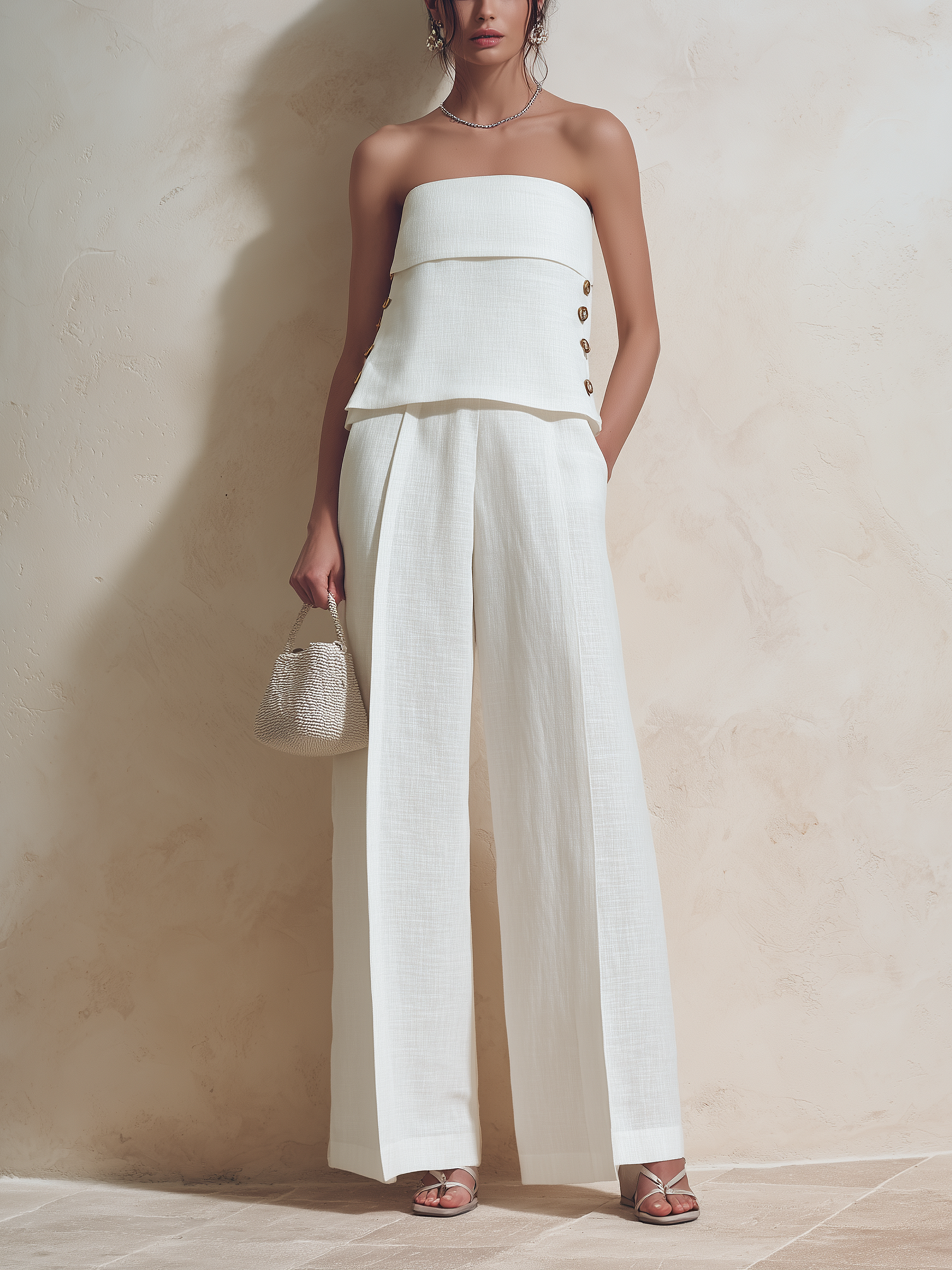 White Linen-Blend Strapless Tube Top & High-Waisted Wide-Leg Pants Set